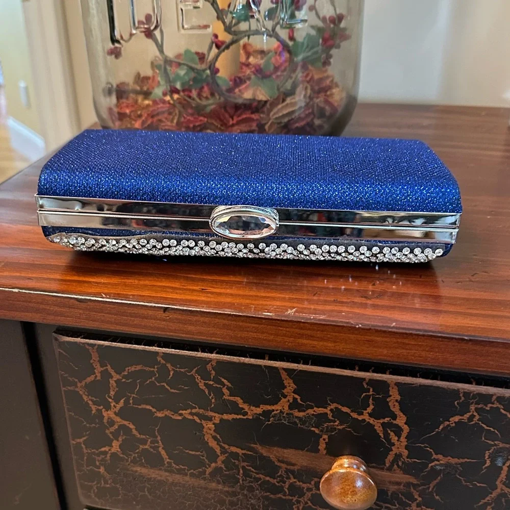 Elegant Blue Clutch with Rhinestone Accents and Chain Shoulder Strap DAMAGED
